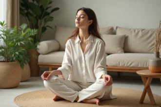 Femme sereine inhalant près d'un diffuseur de jasmin dans un salon