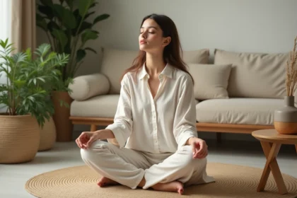 Femme sereine inhalant près d'un diffuseur de jasmin dans un salon