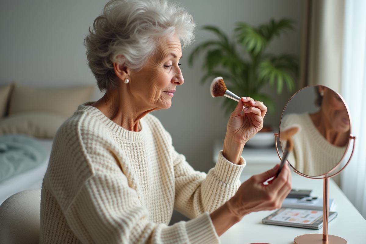 Femme mature appliquant du blush dans un miroir rond