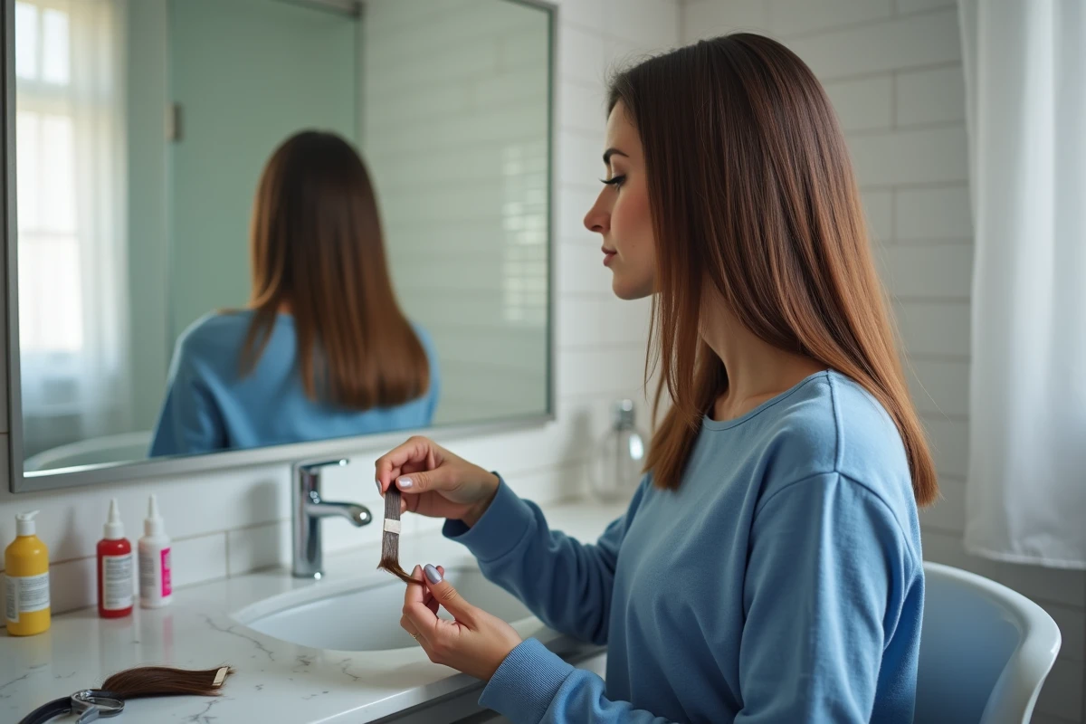 Femme posant ses extensions capillaires dans une salle de bain lumineuse