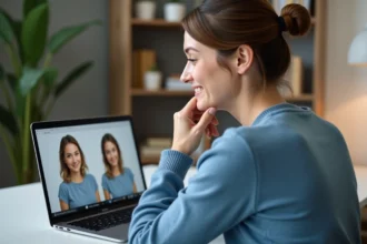 Femme en bureau à domicile regardant son reflet avec des options de coiffure digitales