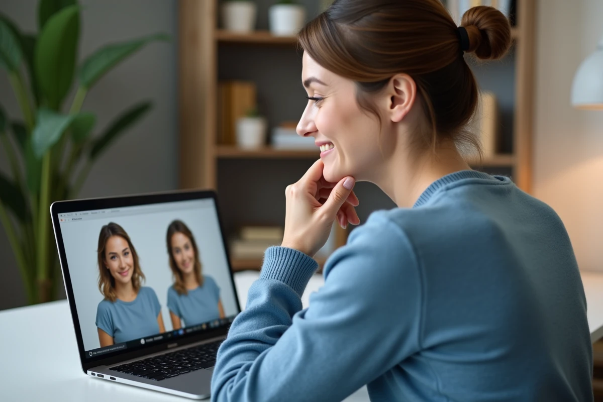 Femme en bureau à domicile regardant son reflet avec des options de coiffure digitales