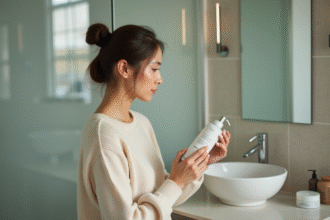 Jeune femme examine ingrédients cosmétiques dans sa salle de bain