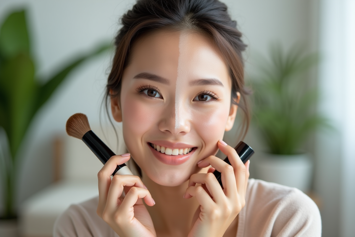 Jeune femme avec deux looks maquillage et produits de marque