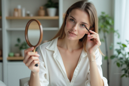 Femme appliquant du mascara dans une chambre calme