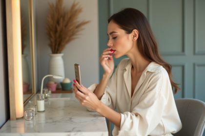 Femme élégante appliquant un rouge à lèvres tendance 2025