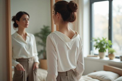 Femme en blouse blanche dans une chambre moderne