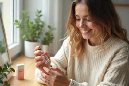 Jeune femme examinant un parfum Adopt dupe sur une coiffeuse en bois au style scandinave