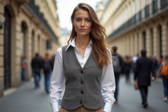 Femme élégante dans une rue parisienne avec gilet en laine