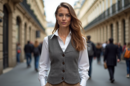 Femme élégante dans une rue parisienne avec gilet en laine
