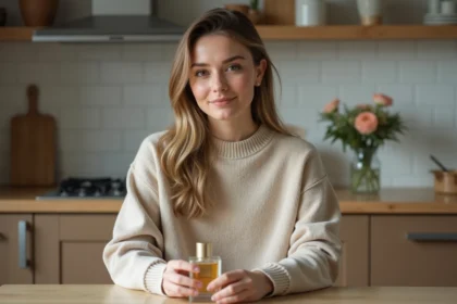 Femme souriante tenant parfum dans un intérieur cosy