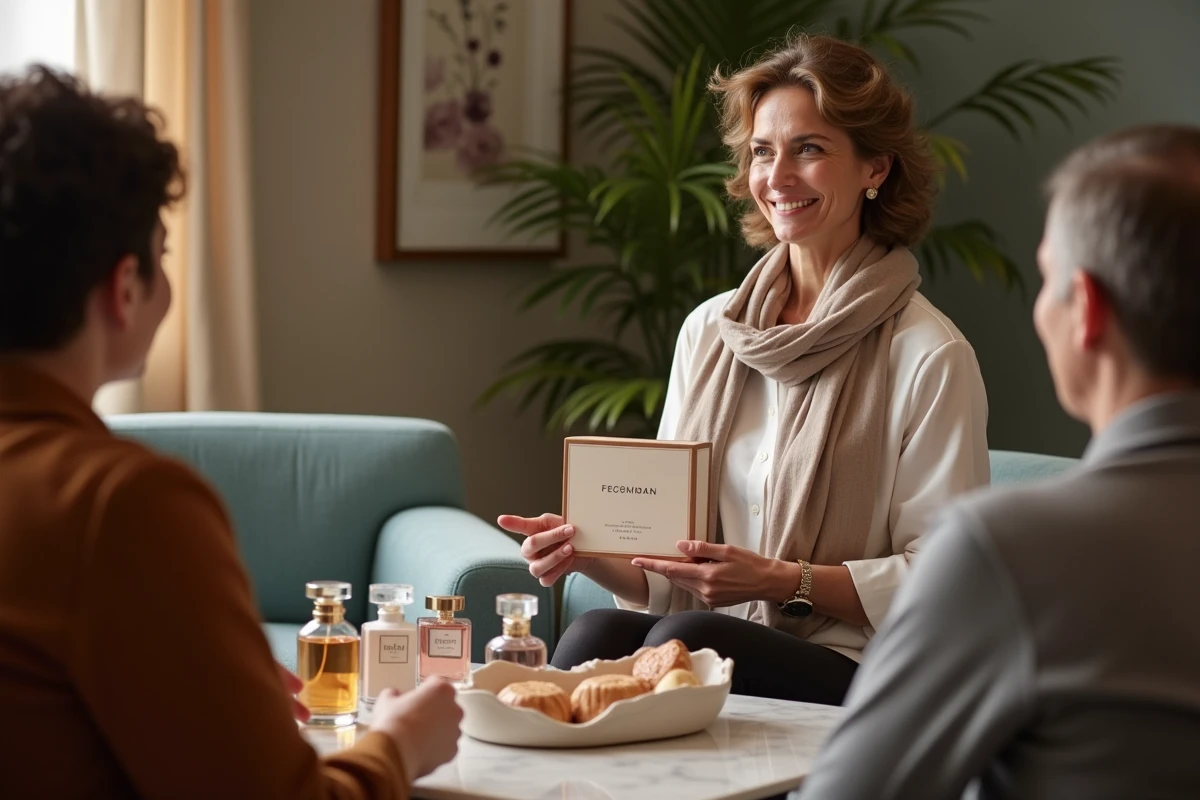 Femme souriante offrant un coffret de parfums à un groupe