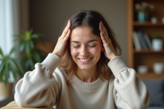 Femme souriante se massant le cuir chevelu dans un intérieur paisible