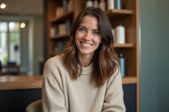 Femme en salon de coiffure avec cheveux en couches naturelles