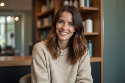 Femme en salon de coiffure avec cheveux en couches naturelles