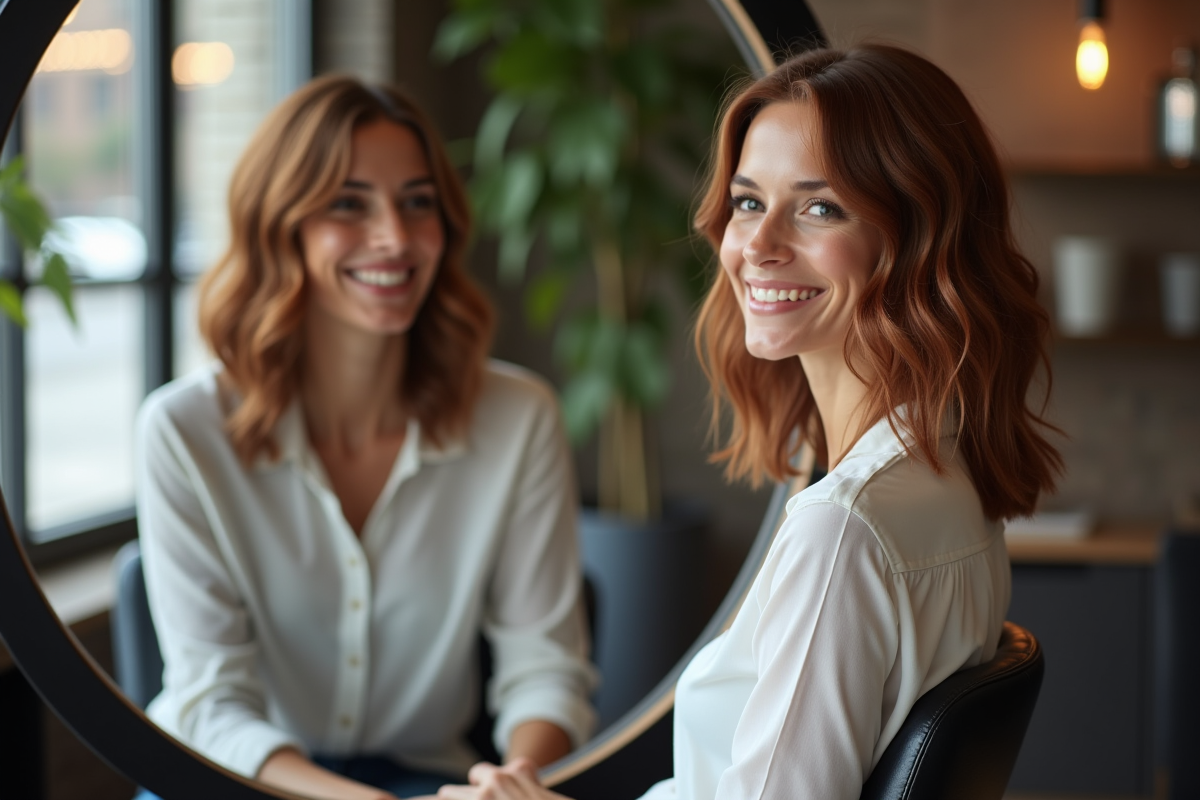 Femme souriante dans un salon de coiffure moderne