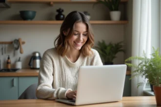 Femme souriante utilisant un ordinateur dans une cuisine chaleureuse