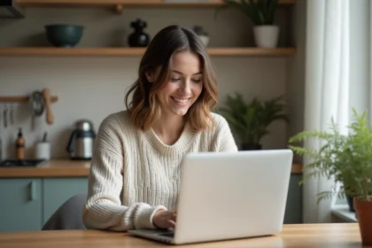 Femme souriante utilisant un ordinateur dans une cuisine chaleureuse