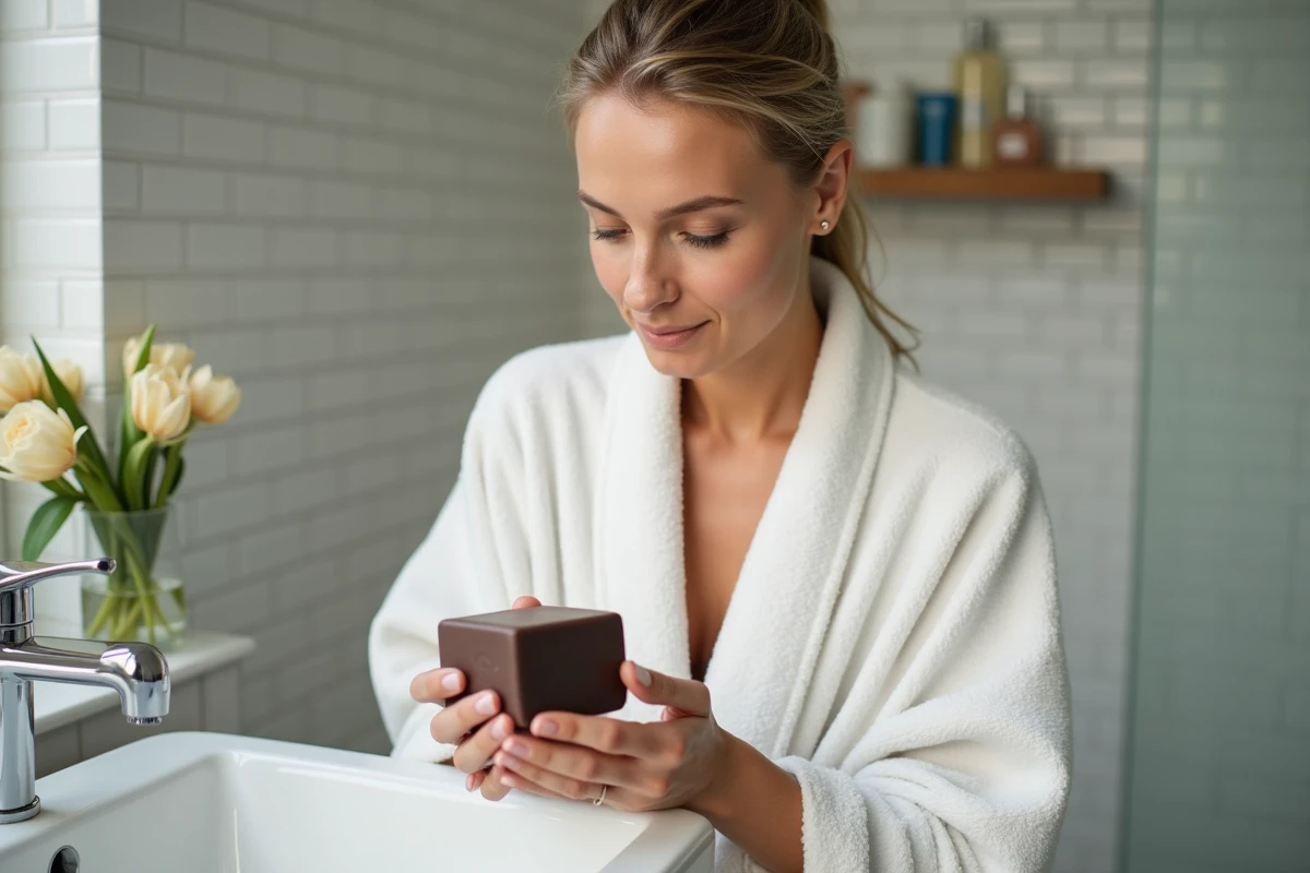 Femme tenant un savon d'Alep dans les mains dans une salle de bain naturelle et minimaliste