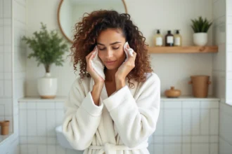 Femme aux cheveux bouclés qui applique un shampoing sans paraben sans sulfate sans silicone dans une salle de bain minimaliste