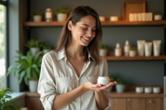 Femme souriante testant une creme bio sur la main dans une boutique écologique