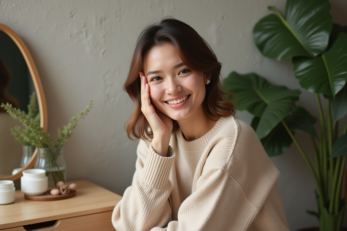 Femme appliquant soin visage naturel et apaisant