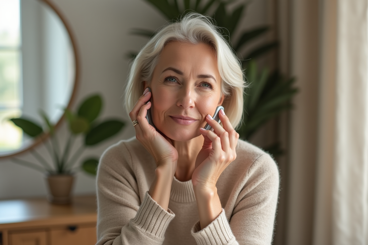 Femme appliquant un appareil anti-ride visage