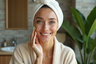 Femme appliquant du gel de concombre sur la joue dans une salle de bain moderne