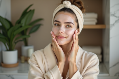 Jeune femme appliquant un masque visage naturel