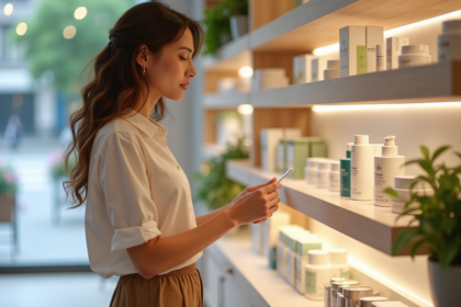 Femme examinant des produits de soin en magasin de beauté
