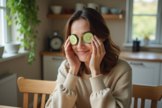 Femme appliquant des rondelles de concombre sous les yeux