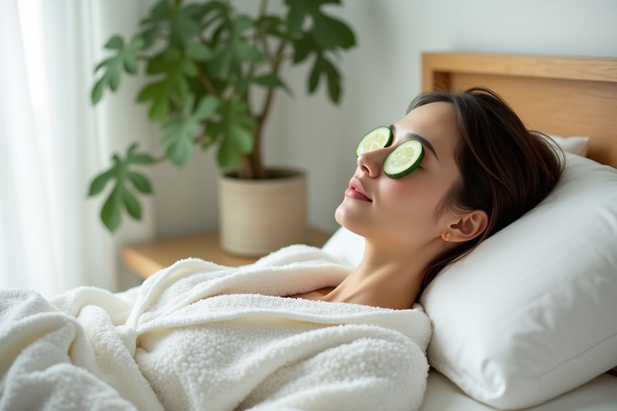 Femme en robe blanche relaxant avec concombre sur les yeux