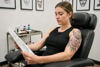 Jeune femme en studio de tatouage examinant un grand dessin de tatouage sur son bras, ambiance professionnelle et réaliste