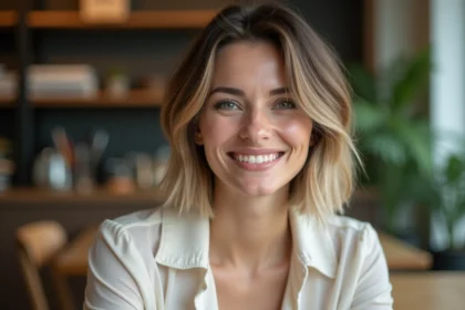 Femme élégante avec coupe balayage et sourire naturel