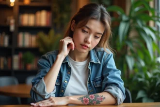 Jeune femme pensive avec tatouage floral sur bras