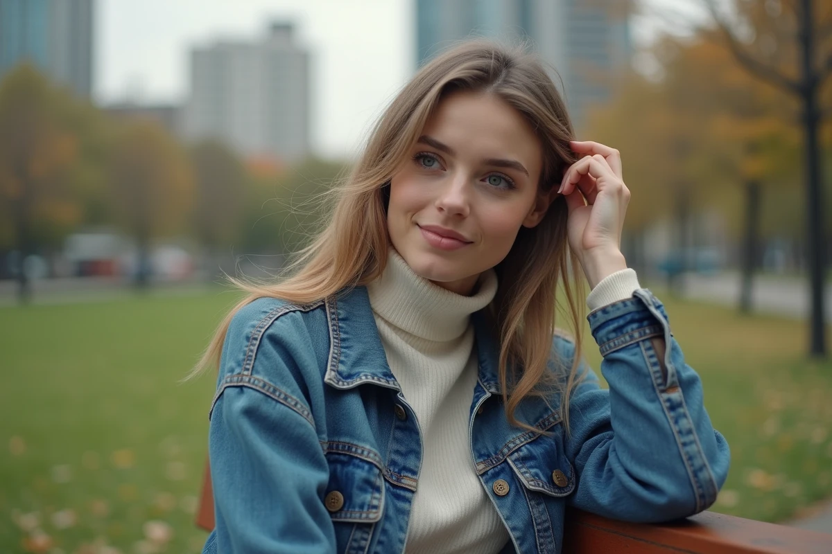 Femme avec coupe wolfcut dans un parc urbain