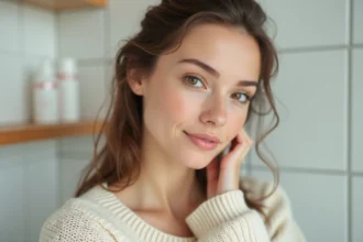 Femme aux yeux hazel portant des lentilles de contact dans une salle de bain minimaliste