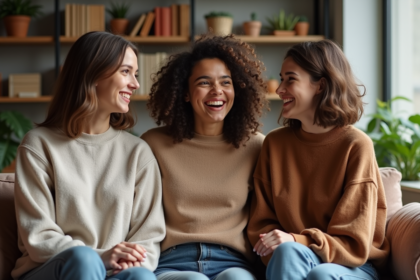Trois femmes aux cheveux différents dans un salon cosy