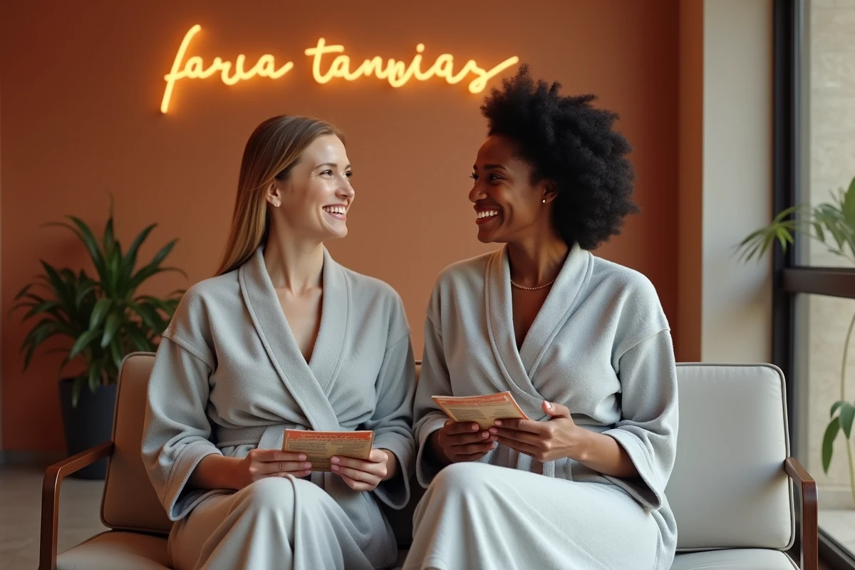 Deux femmes aux types de peau différents en peignoir dans l'espace d'attente d'un salon Point Soleil à Paris