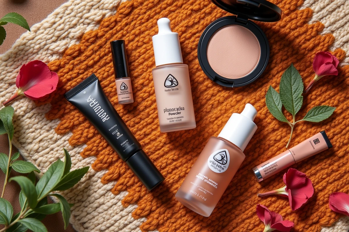 Flat lay de produits de maquillage halal et vegan certifiés sur un tapis kilim marocain avec pétales de rose séchés