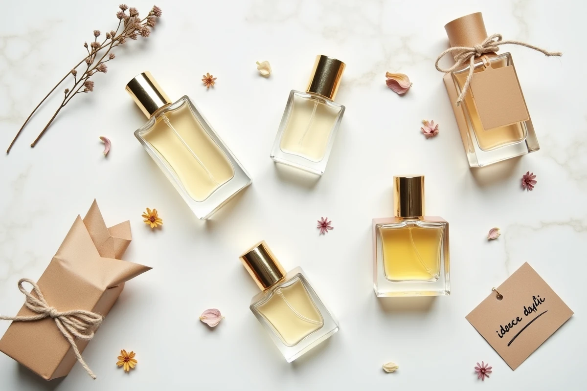 Flat lay de parfums abordables et alternatives dupe Adopt disposés sur marbre blanc avec étiquettes cadeaux