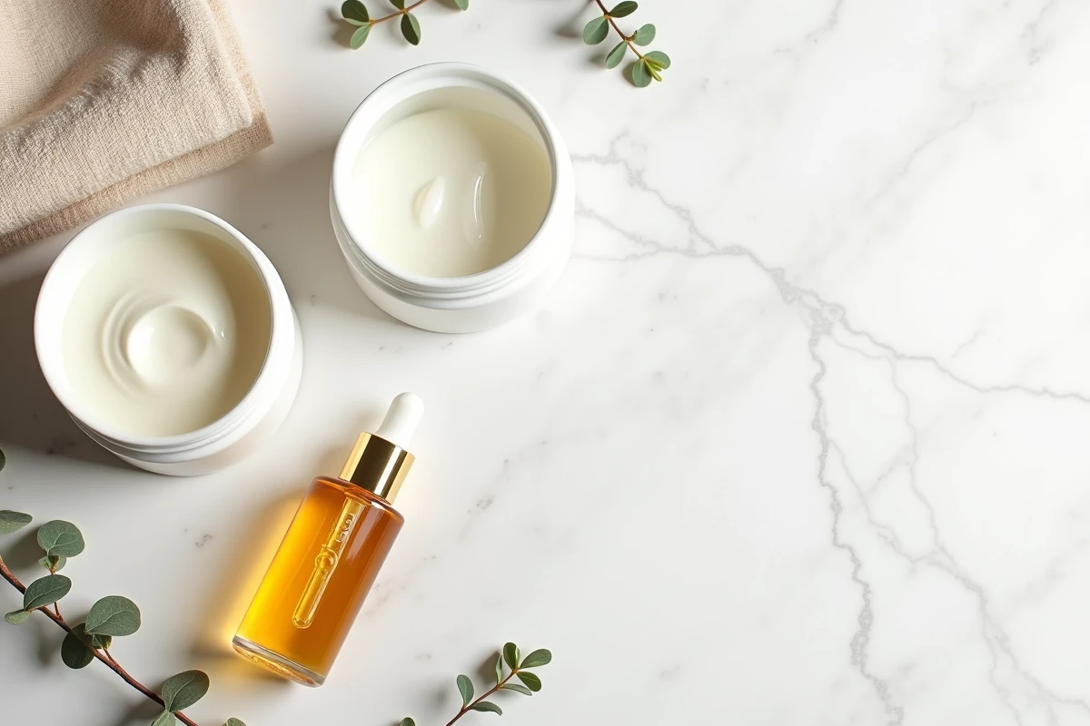Flatlay de sérum et crème hydratante sur marbre blanc avec accessoires de soin naturels