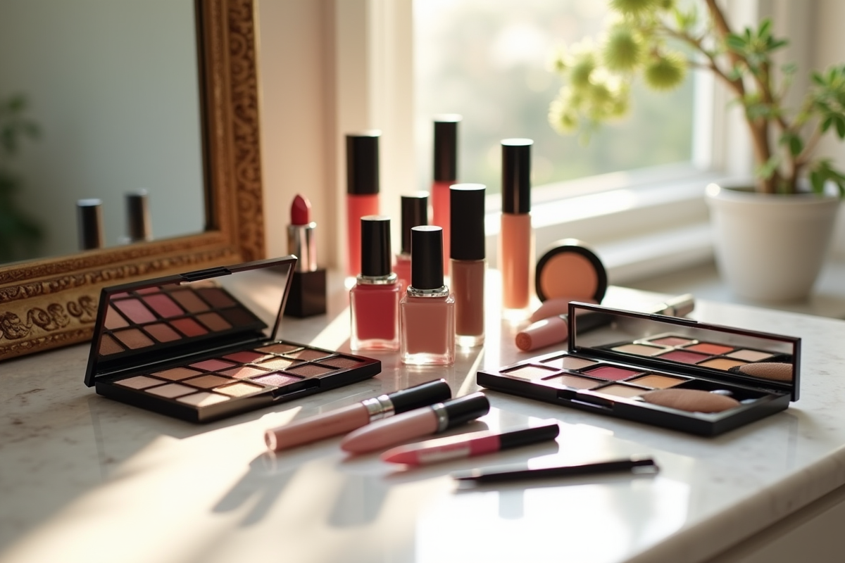 Sélection de produits maquillage élégants sur un marbre lumineux