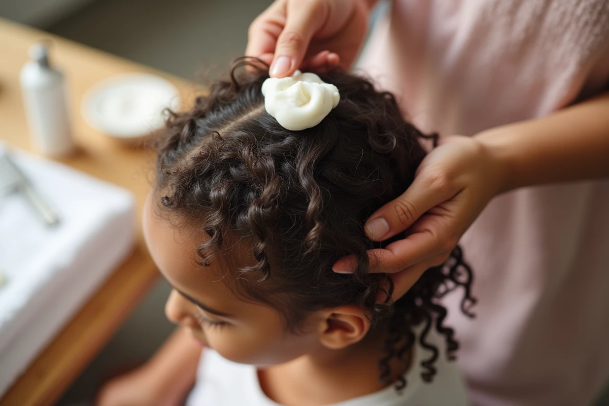 Gros plan sur les boucles saines d'une enfant après application d'un soin traitant Olaplex