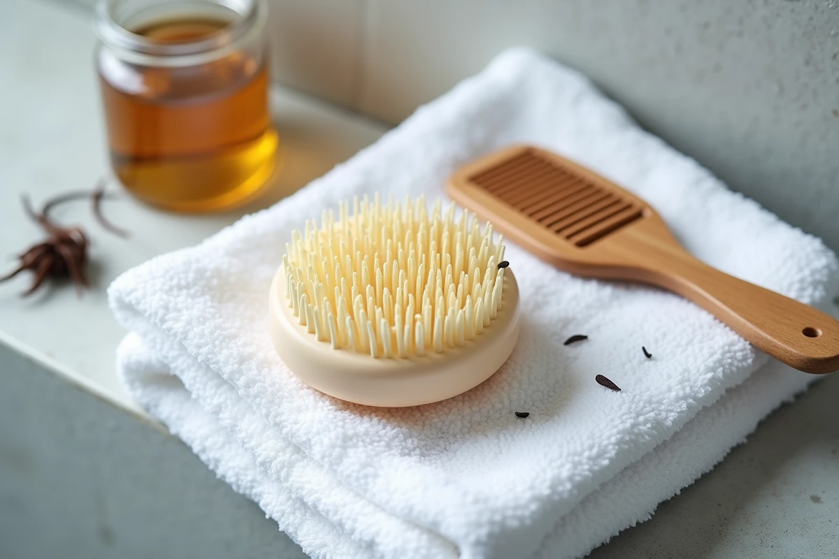 Gros plan d'une brosse massante du cuir chevelu posée sur une serviette blanche avec des accessoires de soin capillaire, illustrant la routine contre la chute de cheveux
