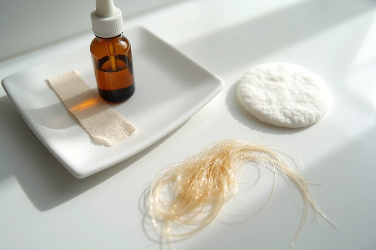 Gros plan de cheveux blancs et d'une bouteille de bétadine avec coton et compresse sur une surface blanche