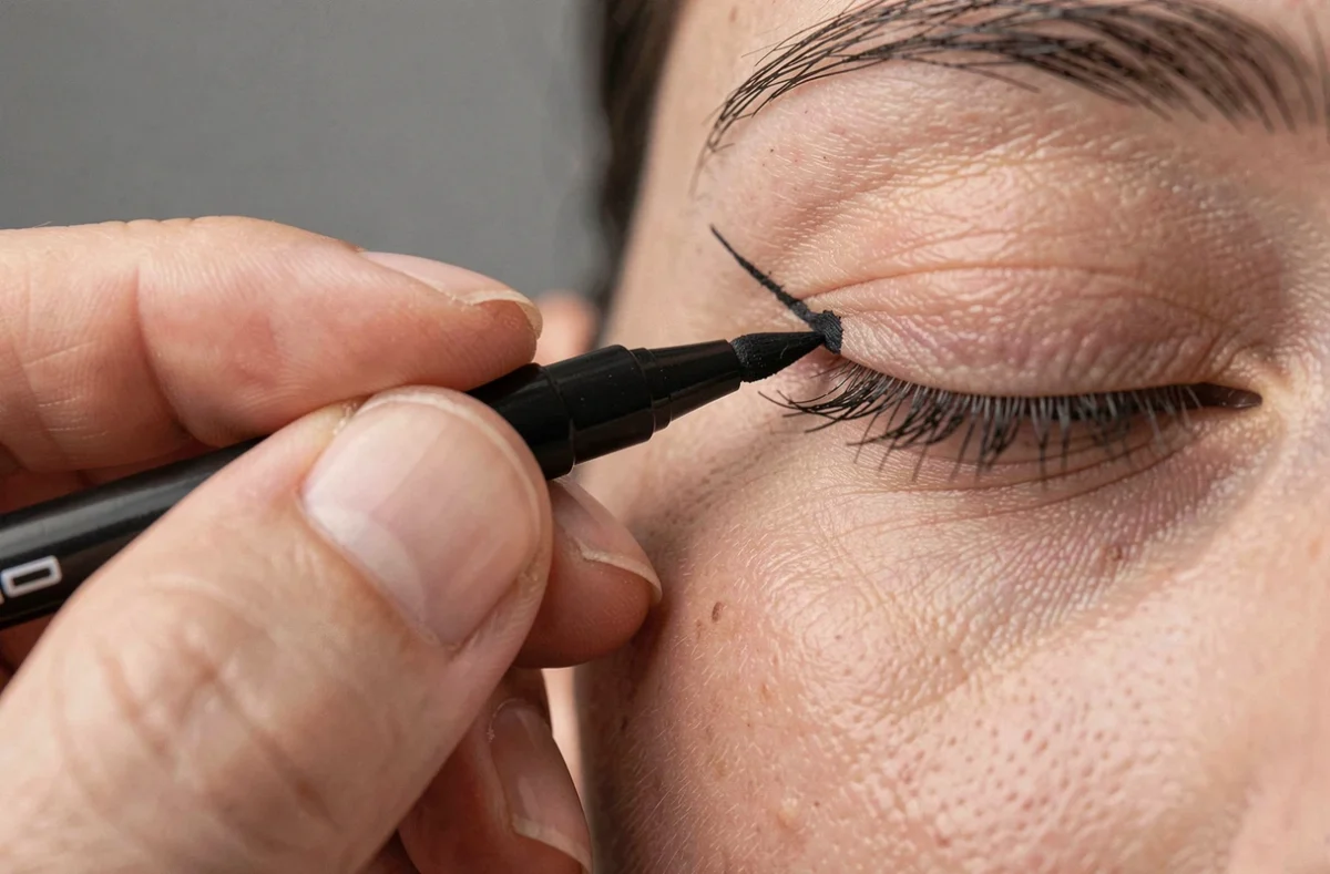 Gros plan sur l'application d'un trait de crayon noir pour un maquillage araignée tutoriel
