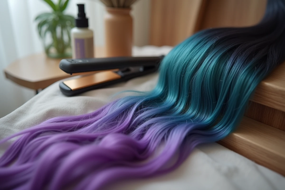 Gros plan sur des mèches de cheveux colorés violets et bleus sorcier posés près d'un sérum protecteur thermique et d'un lisseur professionnel