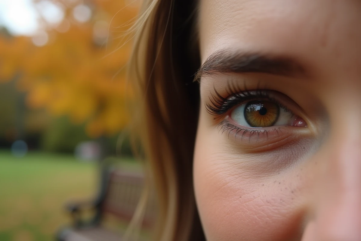 Gros plan sur un œil hazel naturel aux reflets ambrés et verts en extérieur automnal