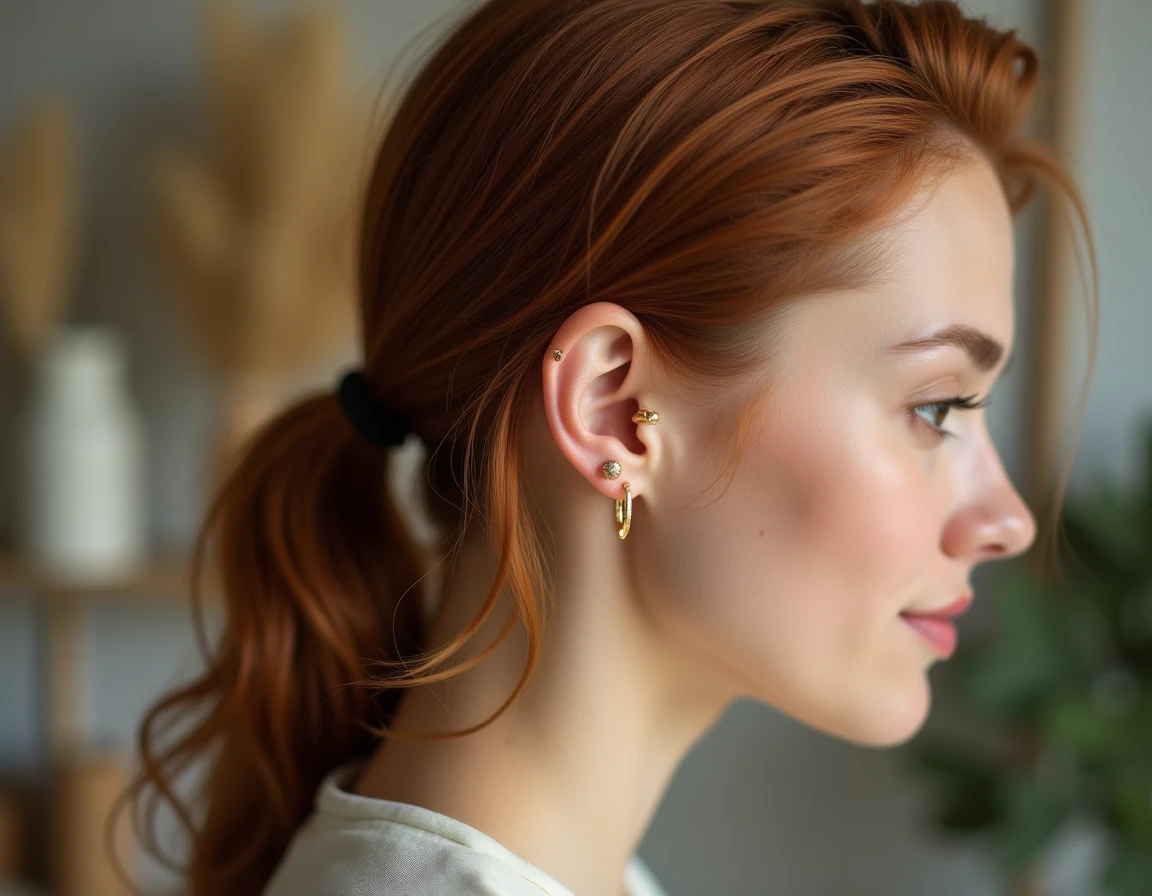 Gros plan du profil d'une femme aux cheveux auburn montrant une collection complète de piercings oreille incluant conch, daith, rook et helix en bijoux dorés